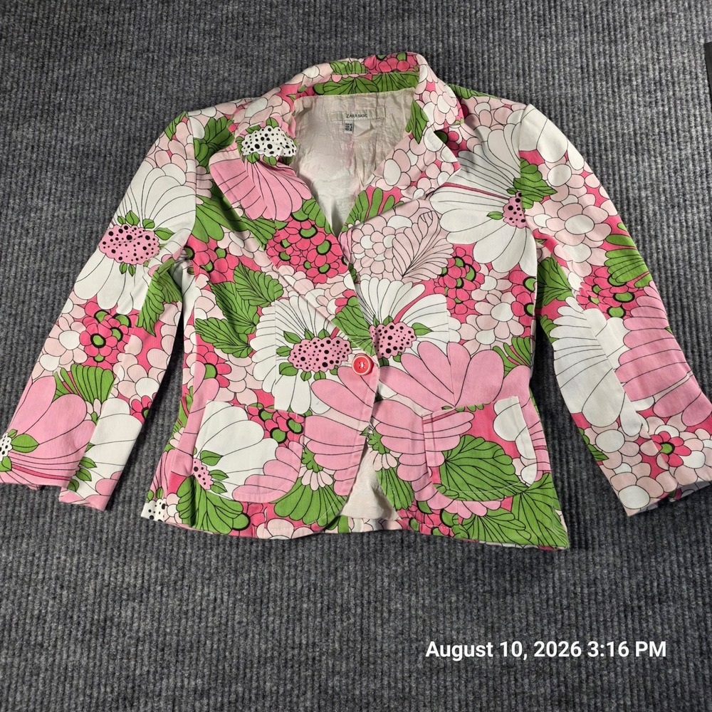 Zara Basic Floral Blazer Pink Green White Psychedelic Print Jacket Size 8 Womens